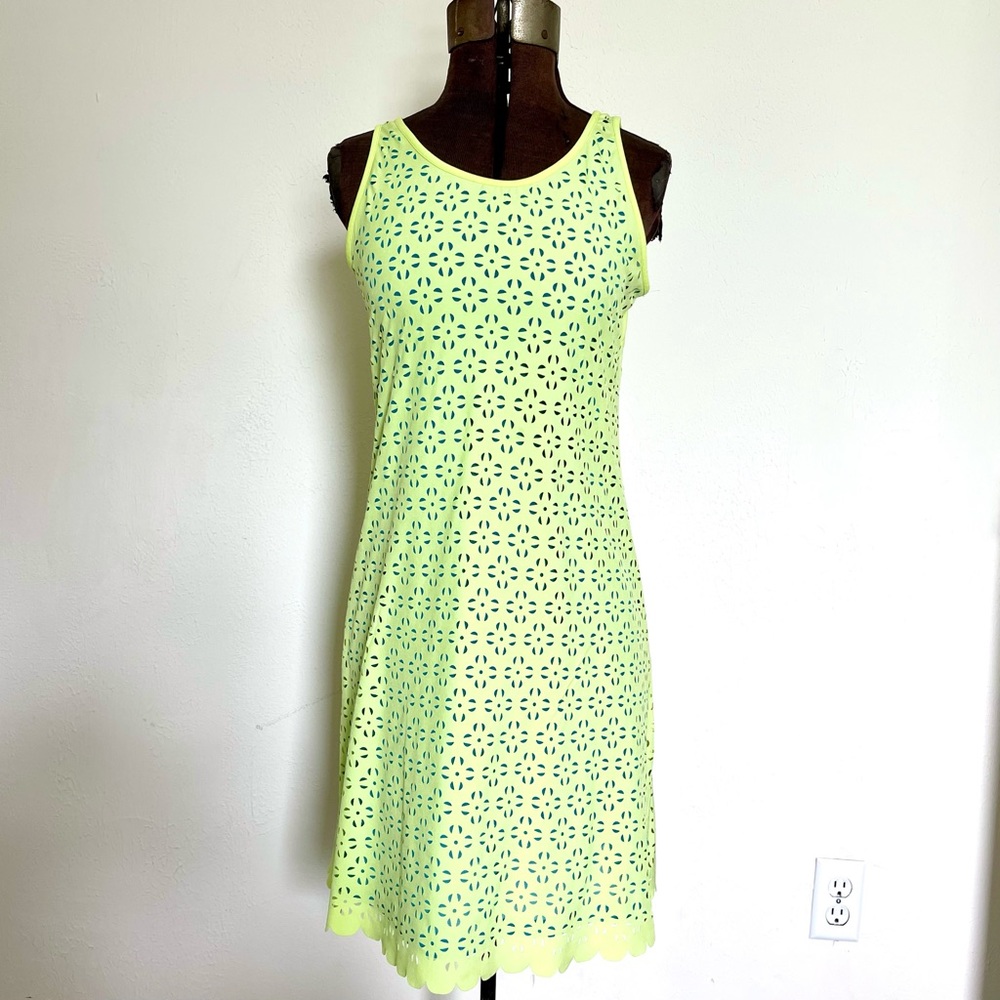 Title Nine nimblene laser cut illusion dress womens size XS neon yellow teal